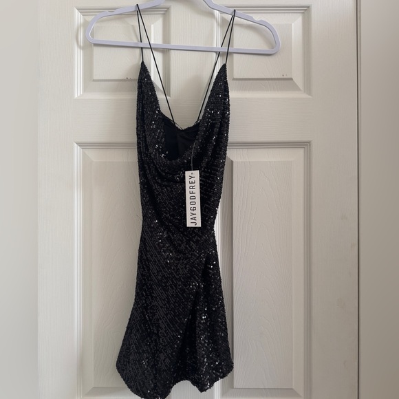 New w tag: REVOLVE x JAYGODFREY Baldwin Black Sequin Cowl Neck Mini Dress - Picture 2 of 4